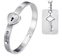 Oidea - Bracelet avec serrure en forme de cœur et collier avec clé pour couple (2 pièces), en acier inoxydable, couleur argent