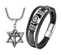 OIDEA Bracelet Collier Homme Ensemble:Ensemble Cuir Pendentif Hexagramme Étoile de David Acier Inoxydable Croix Réglable - Cadeau Anniversaire Fête de Pères