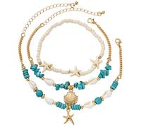 OIDEA Bracelets de Cheville Femmes :4 PCS Bracelets Filles Coquillage et Étoile de Mer de Corde Chaîne Réglable Étanche Style Bohème Naturel Perles Turquoise/Riz - Cadeau Anniversaire