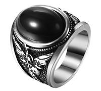 Oidea Chevalière pour homme : St Michel le grand protecteur Archange vaincant Satan Figurine Amulette Bague Biker Anneaux, Acier inoxydable, Obsidienne