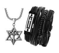 Oidea Ensemble collier et bracelet étoile de David - En acier inoxydable - Pendentif vintage en forme de croix hexagonale - Multicouche - Cordon en cuir - Bracelet enroulé - Bracelets juifs Isael