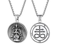 Oidea Leviathan Collier avec croix satanique avec symbole alchimique double face Baphomet Satan Chèvre Cadeau pour homme et femme, Acier inoxydable, Pas de gemme