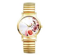 OIDEA Montre-bracelet élastique dorée pour femme : motif floral montre à quartz analogique pour femme avec cadran gradué en traits bracelet en acier inoxydable élégant cadeau pour femme mère famille