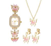 OIDEA Parure Montre Femme Papillon : Set de 3 Pièces avec Montre Strass, Collier et Clip-Oreille Fantaisie Rose - Cadeau Élégant pour Maman (Fête des Mères, Anniversaire)