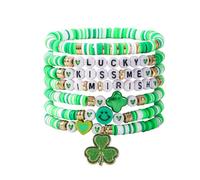 OIDIMS Lot de 7 bracelets à breloques en forme de trèfle irlandais avec perles en argile Heishi pour homme et femme - Cadeau de Noël