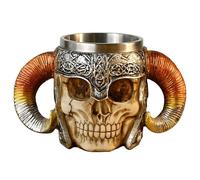 OIF Tasse Viking en acier inoxydable avec motif tête de mort - Double poignée - Squelette - Résine - Chope à bière - Tasse à café - Tasse à thé - Tasse à thé pour boire du lait ou du café - Cadeau