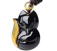 OIFAODAO, Collier avec pendentif en obsidienne et cristal de renard,Collier en obsidienne