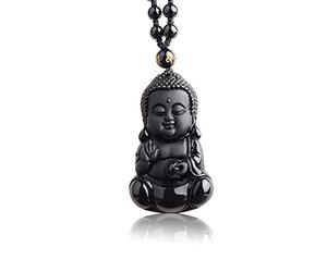 OIFAODAO, Pendentif bouddha sculpté en obsidienne noire naturelle, avec amulette, chaîne de perles porte-bonheur, collier for femme et homme, bijoux populaires,Collier en obsidienne