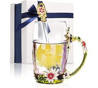 OIFAODAO Tasses de thé， Tasse à thé en verre émaillé avec motif de fleur, tasse café, cristal créative, eau forme papillon, rose, peinte, transparent ensemble cuillères et chiffon nettoyage