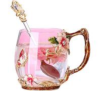 OIFAODAO Tasses de thé， Tasse à thé en verre émaillé avec motif de fleurs chrysanthème rouge et cuillère cristal fait la main sans plomb marguerite papillon