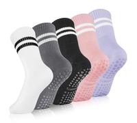 OIFIKAA Lot de 5 paires de chaussettes de yoga antidérapantes et antidérapantes en coton respirant pour yoga, gym, pilates, danse, course à pied, Noir + blanc + gris + rose + violet, 3-10