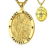 OigvcoTe Collier avec pendentif Saint Michel, plaqué or 24 carats avec émail rouge, chaîne de 50 cm, médaille de protection religieuse, forme ovale, 44 Millimeters, Métal, Zircone cubique
