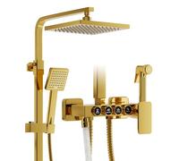OihPaw Colonne de douche,Or brillant,Multifonctionnel 4 en 1 Colonne douche,Comprend une douche de tête carrée,Une douchette,Un robinet de baignoire et une douchette bidet,Hauteur et angle réglables