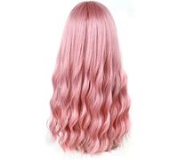 Oikabio Perruque rose avec longues perruques ondulées avec boucles d'air, soyeuses, résistantes à la chaleur, aspect naturel
