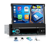 OiLiehu 4G+64G 8 Cœurs Android 15 Autoradio 1 Din avec CarPlay Android Auto sans Fil, 7“ Rétractable Manuellement Écran Tactile avec GPS WiFi Lien Miroir Bluetooth FM/AM/RDS DSP EQ USB SWC SIM Caméra