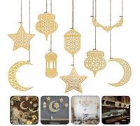 Oimaik Lot de 9 pendentifs en bois pour l'Aïd Mubarak, décorations à suspendre avec cordons, décorations de fête pour l'Aïd Ramadan, cadeaux de Ramadan
