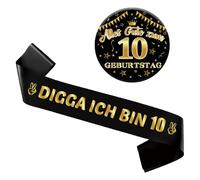 OIODDYY Lot de 2 écharpes décoratives pour 10e anniversaire - Noir et doré - Digga Ich bin 10 - Avec inscription « Happy 10 Birthday » - Accessoire de cadeau pour fille et garçon