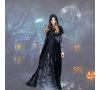 OIOYLEY Déguisement de Sorcière, Costume d'Halloween Robe Femme Vampire, Déguisement Sorcière Mariée Fantôme Cosplay Femme FêTe Carnaval Cape à Capuche, Cosplay Cosy Fantôme Noir Zombie Tenues (L)
