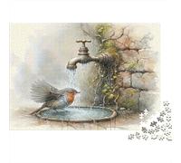 Oiseau à la Fontaine Aquarelle Puzzle 1000 Pièces Papier Adultes Scène Robinet Jardin Déco Murale 38x26cm/1000pcs