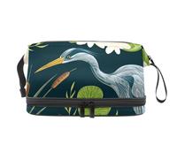 Oiseau avec fleur de lys bulrush dans marais double couche trousse de toilette pour femmes et filles, trousse de toilette de voyage, trousse de maquillage pratique avec compartiment à brosse,
