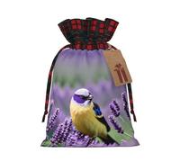 Oiseau dans des sacs cadeaux violets à fleurs de lavande avec cordon de serrage - Sacs de fête de Noël - Pochettes festives pour friandises, friandises
