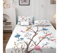 Oiseau Drap Housse 140x200 Fleur Housse de Matelas Microfibre Motifs ImpriméE avec Grand Bonnet de 30 cm, pour Matelas Epais avec 2 Taies D'Oreillers（50x75）