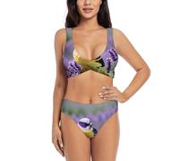 Oiseau en Violet Lavande Floral Fleurs Bikini Set pour Maillot de Bain Piscine Plage Vacances Sports nautiques Essentiel, Noir , XXL