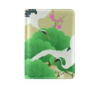 Oiseau Grue Fleur du Japon Vert Détenteur d'un Passeport Titulaire Etui en Cuir Véritable Couverture de Passeport pour Voyage Hommes Femmes