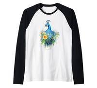 Oiseau Paon majestueux avec Aquarelle Florale vibrante Manche Raglan