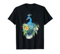Oiseau Paon majestueux avec Aquarelle Florale vibrante T-Shirt