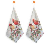 Oiseau Rouge perché sur Une Branche de Houx, Petite Serviette à Main avec Boucle de Suspension, 2 pièces, Chiffon de Toilette Doux et Absorbant pour Cuisine et Salle de Bain