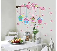 Oiseaux sur la branche Autocollants colorés Fleurs en floraison Brin de fleur Décalcomanies Cuisine Décoration Garderie Decal Accueil Décor Élégant Moderne Fleurs Salon Chambre Décoration Autocollants