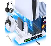 OIVO Support PS5 pour PS5/ Pro/Slim, Ventilateur de Refroidissement PS à 3 Vitesses, Chargeur Manette Play 5 avec Indicateur RVB, Socle PS Cinq avec 3 Ports USB et 14 Emplacements de Jeu (Blanc+Noir)