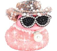 OIXEYA Décoration de voiture en caoutchouc avec strass, Canard en caoutchouc amusant, Mini canard avec chapeau de cowboy brillant, Collier et lunettes de soleil pour voiture, bureau, bureau