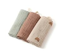 OIXEYA Lot de 3 Langes Bébé en Gaze de Coton 22x23cm, Motif Arc-en-Ciel, Carré de Coton Doux et Absorbant, Serviette Bébé pour Visage, Bain et Repas, Essentiel Naissance pour Fille et Garçon