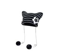 OIXYEY Bonnet Grunge Rétro, Bonnet Crochet Lâche à Motif Chat Rayé, Style Y2K Bohème pour Un Look Unique, Accessoire Tendance pour Femmes, Idée Cadeau Éthique et Chic