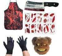 OIXYEY Costume Halloween Effrayant Complet, Masque Ours Brun + Tablier Noir Sanglant, Kit Déguisement Homme avec Machette Réaliste et 10 Autocollants Blessures, Fête Déguisée, Soirée Horreur, Carnaval