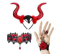 OIXYEY Ensemble Accessoire Halloween 3 en 1 - Bandeau Corne de Démon Gothique avec Collier Dentelle et Bracelet Fleur Rouge pour Cosplay Femme, Soirée Déguisée, Carnaval, Fête d'Halloween (1 Set)