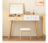 Ojiuboo Coiffeuse avec miroir et tiroirs, grand espace de rangement en bois, espace de rangement divisé, protection anti-basculement, naturel et blanc, 100 x 78 x 40 cm (tabouret non inclus)