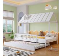 Ojiuboo Lit de ménage avec lit gigogne, toit avec bandes de cheminée, lit d'enfant, lit gigogne et barrière de lit à 3 côtés, pin + MDF, blanc, 120 x 200/190 cm