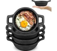 OJMHD Lot de 4 mini poêles en fonte pour servir, petites cocottes en fonte avec poignée, résistantes au four, pour œufs, gratin, tapas, curry et viande, noir, 10,5 cm