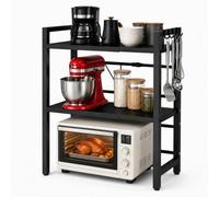 OJTOJT Étagère Micro-Ondes Extensible, étagères pour Micro-Ondes avec 6 Crochets étagère de Cuisine Gain de Place, 40 - 63 cm réglable Deux Niveaux Micro-Ondes étagère pour Mettre des Assiettes（Noir）