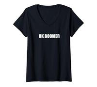 Ok Boomer T-Shirt avec Col en V, Femme, Noir, M
