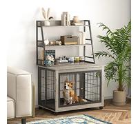 Okak Caisse pour chien style meuble, table d'appoint avec étagères, cage en bois avec double portes coulissantes en fer sur roulettes, niche pour chien de taille moyenne/grande, gris, 98 cm de long
