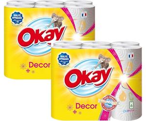 Okay Décor - Papier Essuie-Tout Blanc, 12 Rouleaux (2 x 6) - Résistant, Absorbant, Compostable et Économique - Offre Spéciale