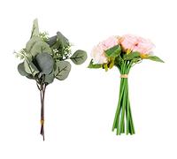 Okeeyseda 17 PièCes SéRies Les Fleurs de Roses Artificielles, 12 Fleurs de Soie Rose et 5 Tiges de Feuilles D'Eucalyptus Artificielles en Vrac, pour la FêTe de Mariage