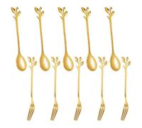 Okeeyseda 5 CuillèRe + 5Forks en Acier Inoxydable Feuille Café Gâteau CuillèRe Fourchette CuillèRes à Dessert, en Remuant CuillèRe à Café Ensemble Doré