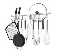OKEPOO Support mural de cuisine de 50,8 cm avec 10 crochets coulissants silencieux, barre de rangement pour ustensiles de cuisine, spatules et tasses, en acier inoxydable 304 (argenté)