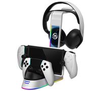 OKESYO Station de charge PS Portal avec contrôleur et support pour casque, station de charge portable PS5 Portal avec indicateur de charge et lumière RVB pour lecteur à distance PS5, chargement