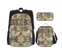 OKFSTY Ancient Map World Globe Sac à dos 3 pièces 40,6 cm pour garçons d'âge préscolaire et boîte à déjeuner léger, Noir , Taille unique, Ensemble cartable